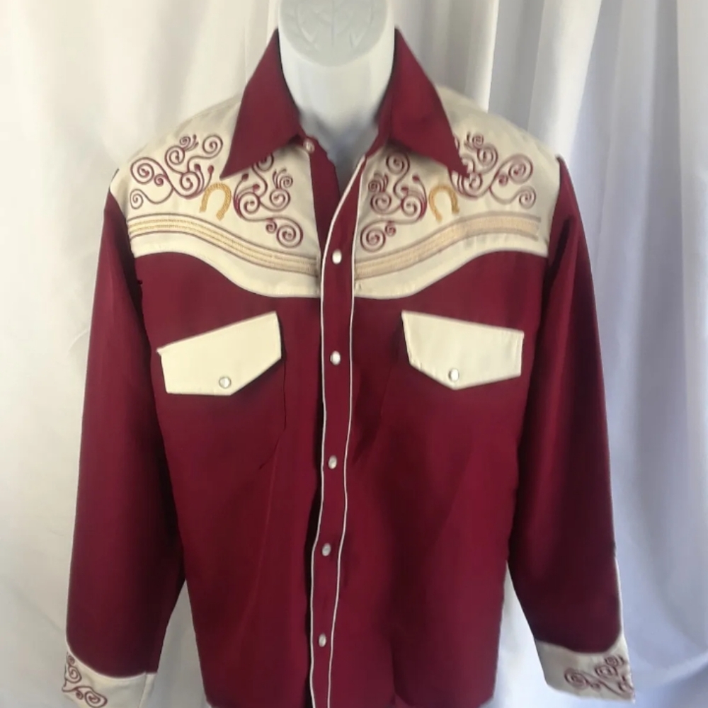 RS cowboy shirt Embroidered chest & cuffs Burgundy M 38 rodeo vintage D9.Great s